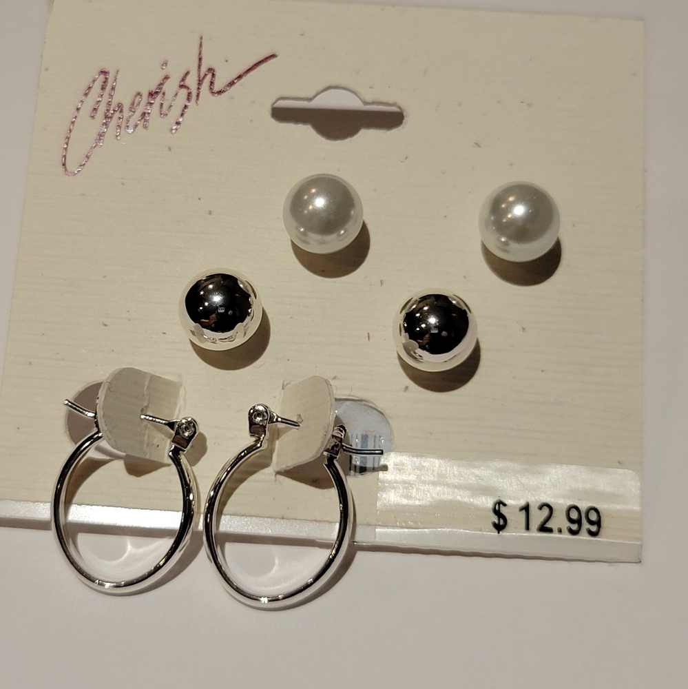 Cherish Silver Stud,Pearl and Mini Hoop Set Earrings